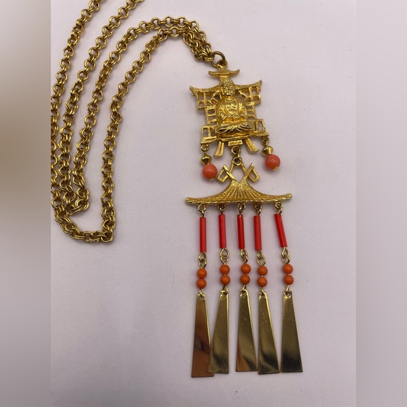 Rare Gorgeous Vintage 1960s Buddha Faux Coral Gold Tone Necklace ART Signed - Picture 6 of 15